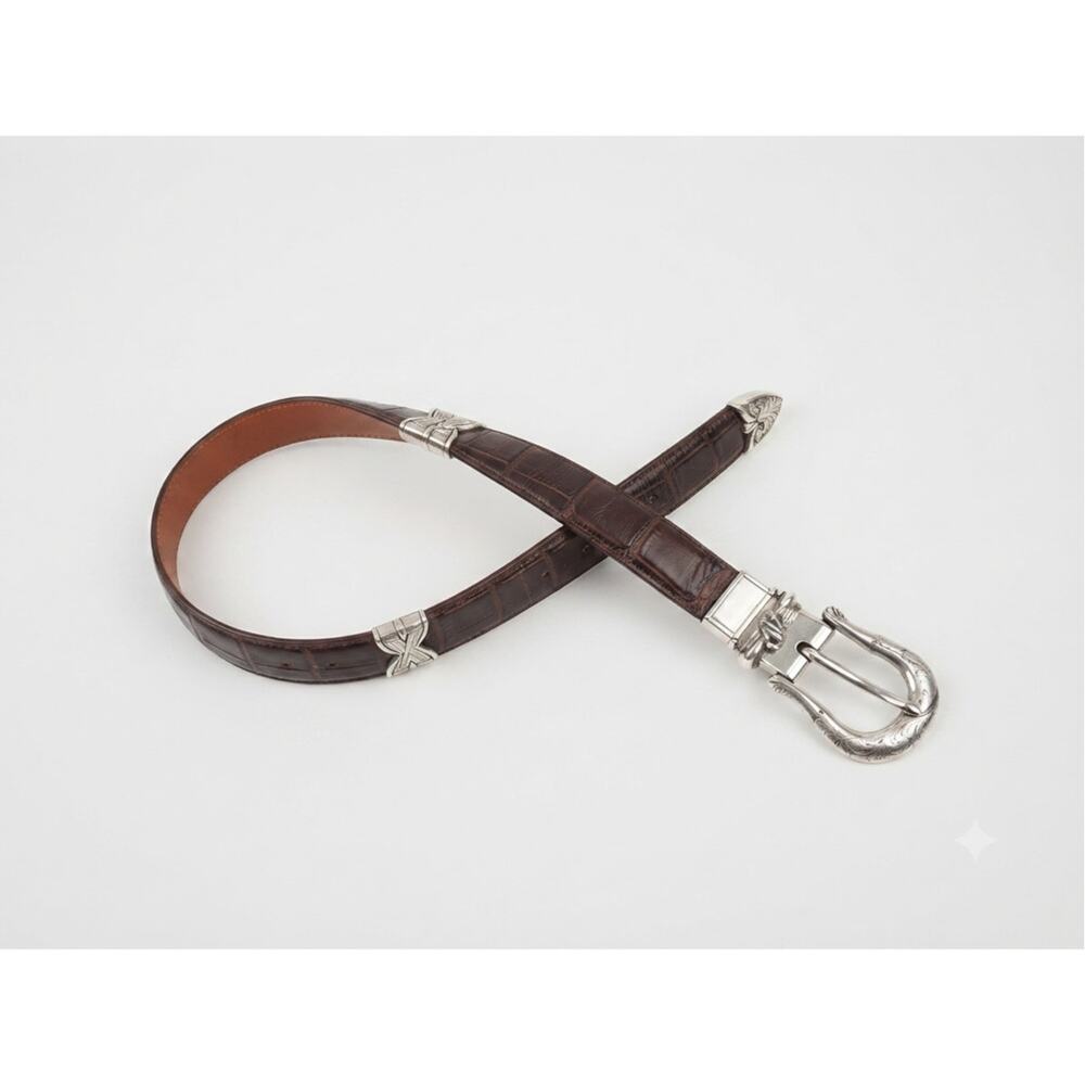 Vintage 90s Brighton XL 36 Brown Leather Flip Belt Minimalist Silver Croc